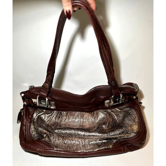 B. Makowsky Women’s Brown/Silver Metallic Leather Shoulder Handbag - Picture 2 of 7